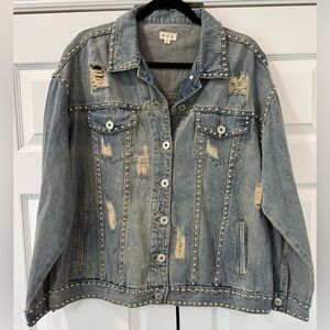 POL Studded Distressed Light Wash Denim Shacket - Jacket